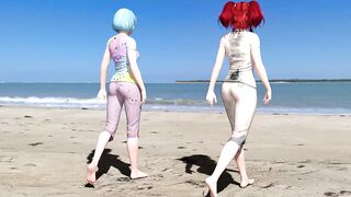 Cute futanari girl fucks her friend on the beach while getting undressed