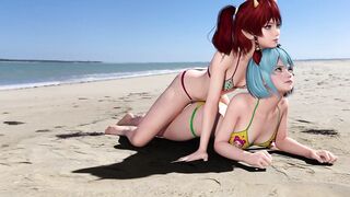 Cute futanari girl fucks her friend on the beach while getting undressed