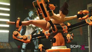 I just want your dick! Female robot shemale fucks a sexy cuffed busty brunette in the sci-fi lab