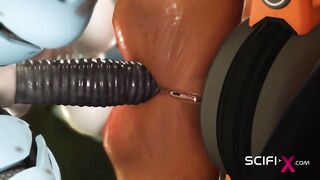 I just want your dick! Female robot shemale fucks a sexy cuffed busty brunette in the sci-fi lab