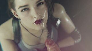 Jill from Resident Evil jerks off his dick and eats sperm