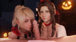 Halloween Night. Two hotties sucking cock and getting cum on their faces