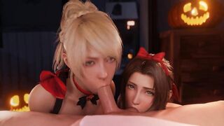 Halloween Night. Two hotties sucking cock and getting cum on their faces