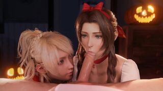 Halloween Night. Two hotties sucking cock and getting cum on their faces