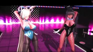 Two milfs in bunny costumes sexy dance using pole