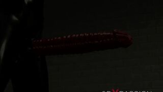 Woman in black latex outfit plays with cuffed Japanese girl