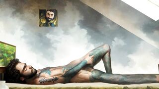 Tattooed hippie masturbating passionately in outer space *AI porn*