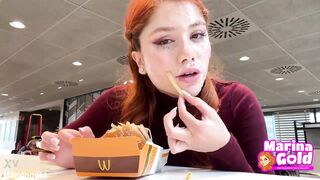 SUPER MESSY CUMWALK in public shameless cumslut McDonalds cum drenched