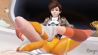 Tracer milking big cock with her feet