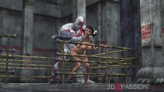 Sexy brunette teen and a big monster in the industrial zone