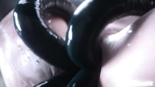 2B get's her pussy stretched by 4 huge slimy rods