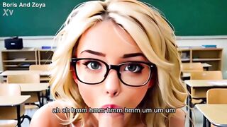 Teacher fuck teen blonde student's mouth in school classroom and cum in mouth while someone peeking (3D/Hentai)