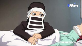 Tanjiro wakes up from a coma to fuck his nurse who surprises him with her big tits and a delicious b
