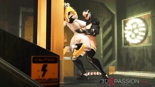 Busty futa sex android with a hude dick fucks muscle girl in the lab