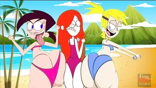 Three anime girls wiggling their fat asses on the beach