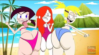 Three anime girls wiggling their fat asses on the beach