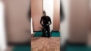 Transgirl with 3 Breathplay masks jerks off in Full Latex Suit