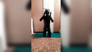 Transgirl with 3 Breathplay masks jerks off in Full Latex Suit