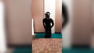 Transgirl with 3 Breathplay masks jerks off in Full Latex Suit