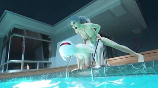 Hot futanari sex near pool - sexy girl sucks cock, and animation shemale fucks bitch and cum on her body